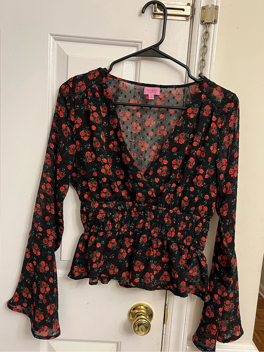 Mi Ami for Francesca’s Black Floral Sheer Peplum Blouse Size Small